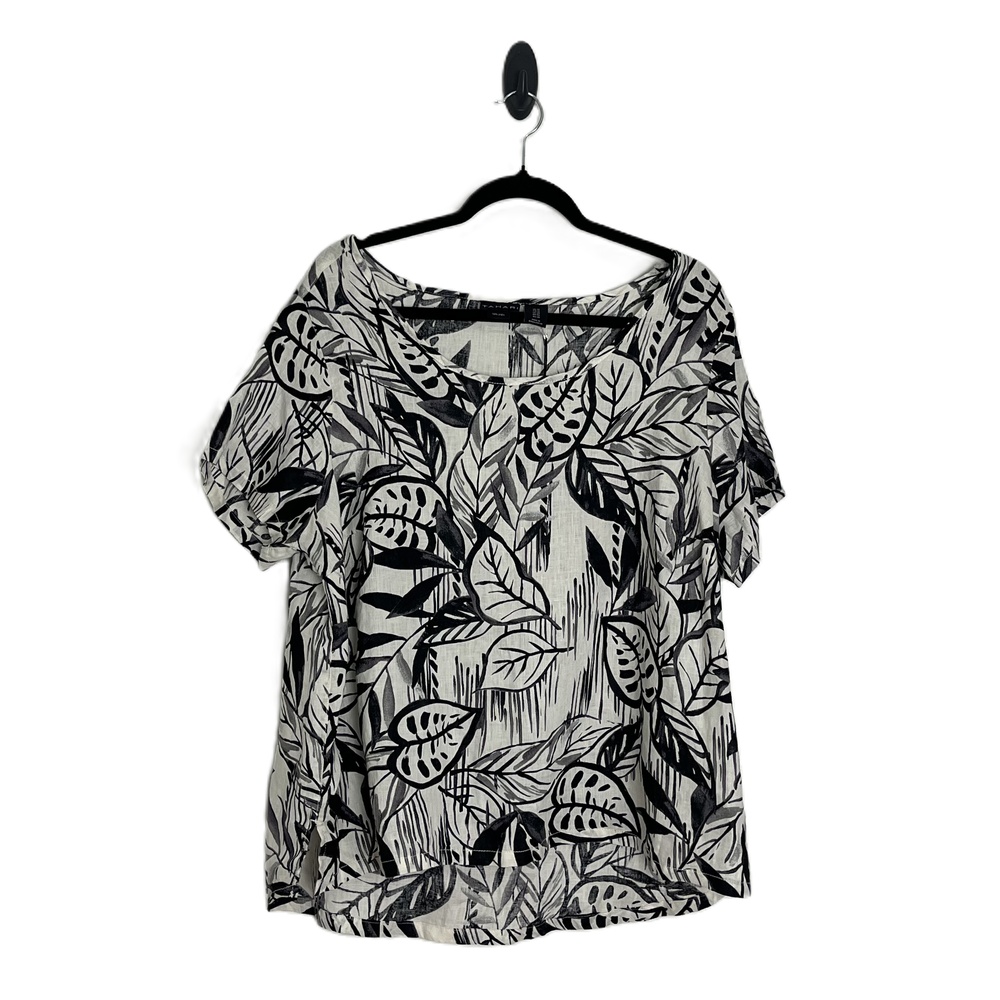 NWT Tahari Black and Cream Leaf Print‎ Short Sleeve Linen Blouse Size 1X